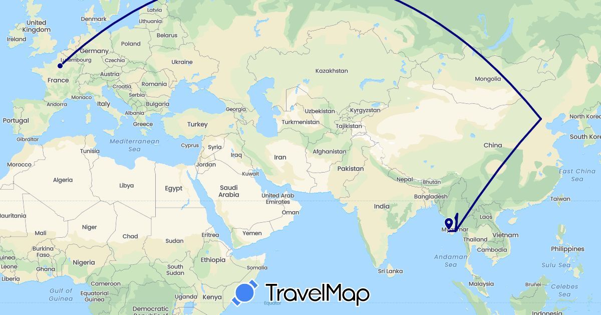 TravelMap itinerary: driving in China, France, Myanmar (Burma) (Asia, Europe)